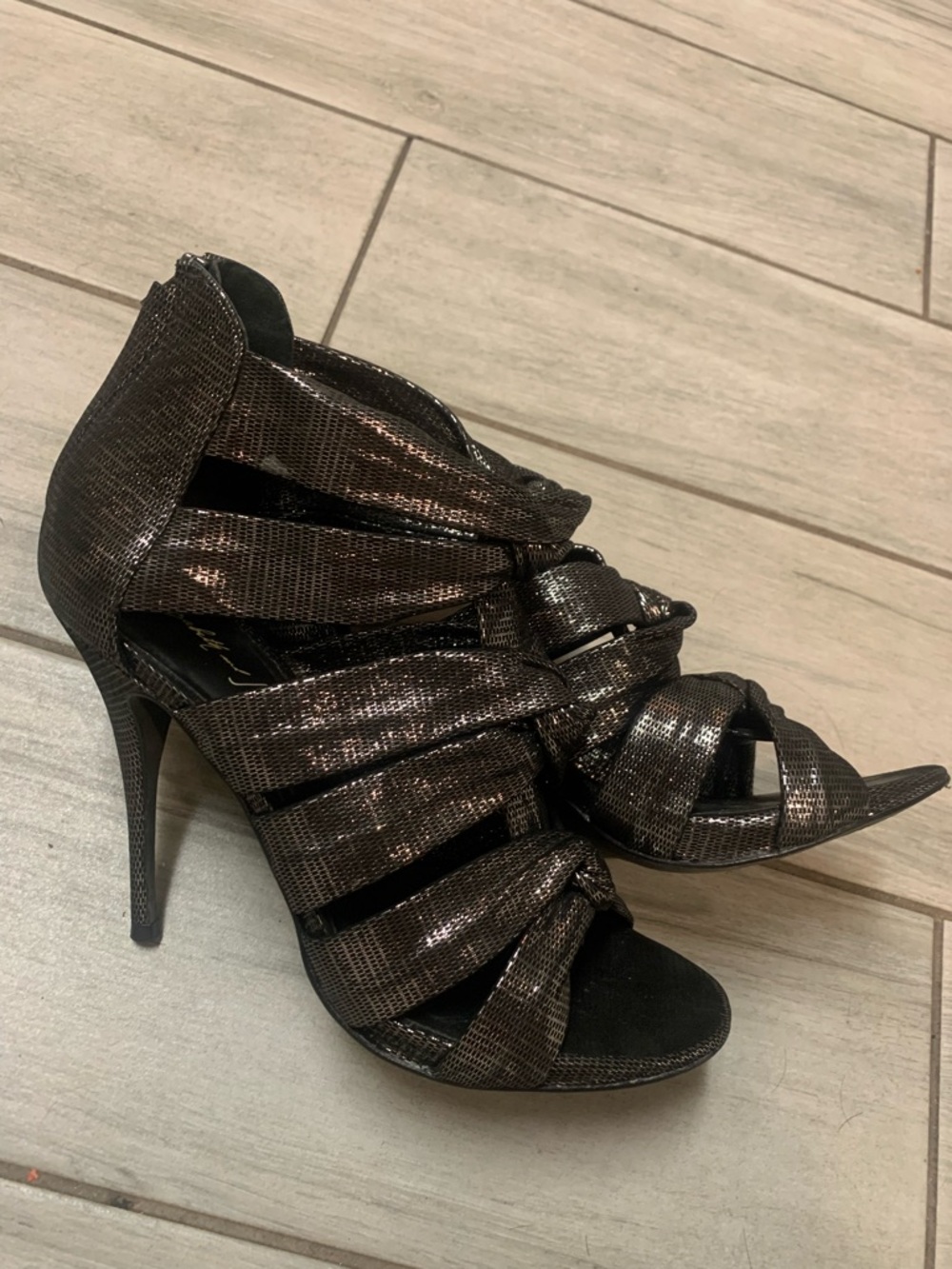 Elizabeth and James Metallic Black Strappy High Heel Sandal